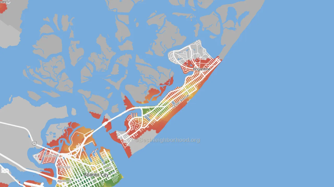 Walk Grade map of 08203, NJ, walkable areas in green and car-dependent areas in red