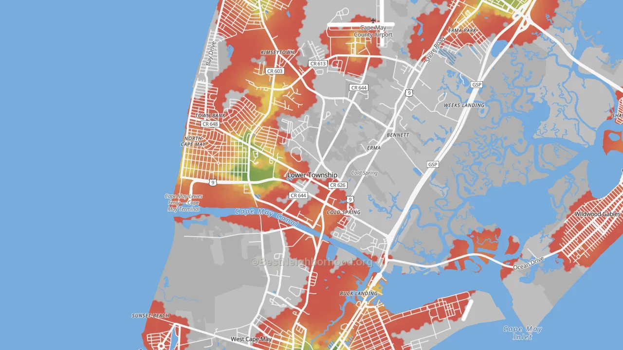 Walk Grade map of 08204, NJ, walkable areas in green and car-dependent areas in red