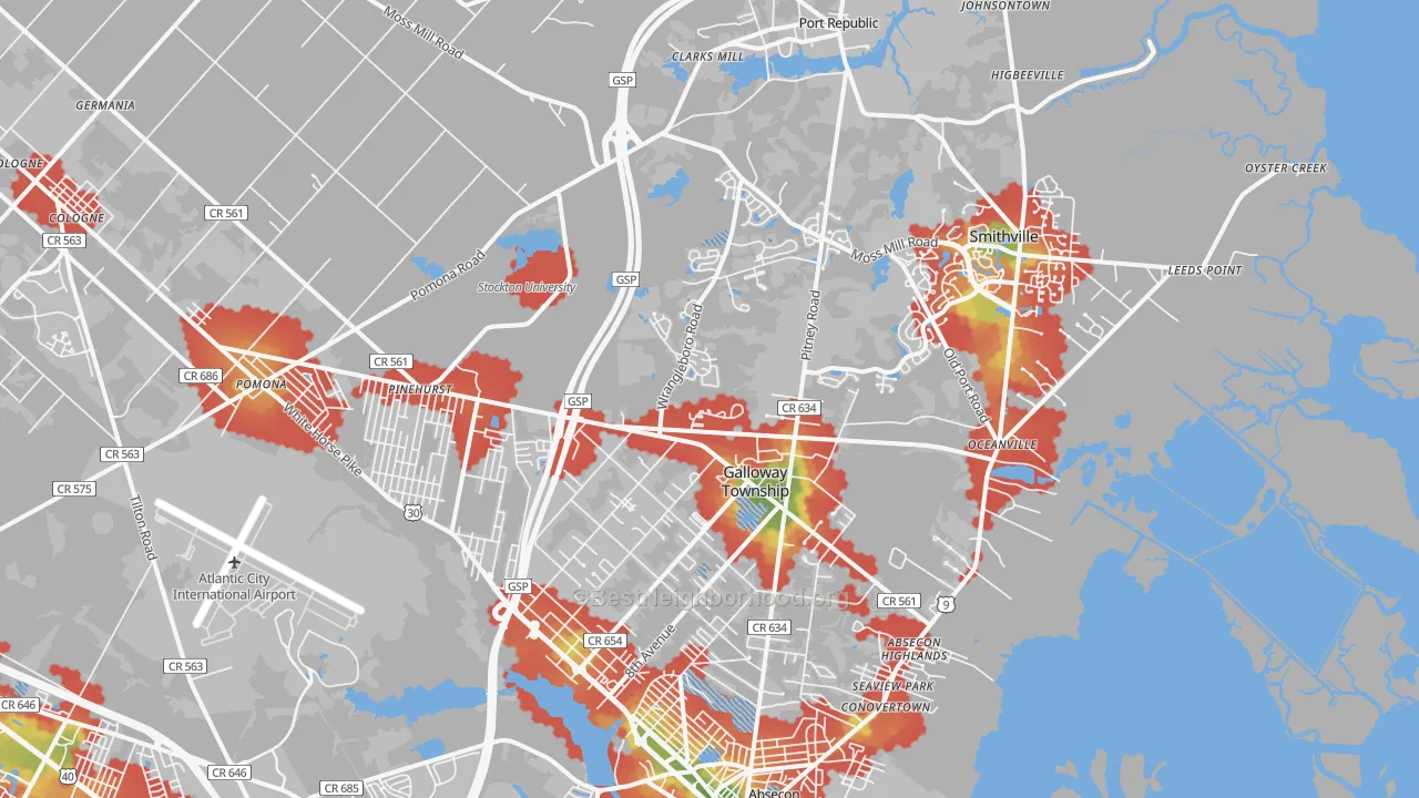 Walk Grade map of 08205, NJ, walkable areas in green and car-dependent areas in red