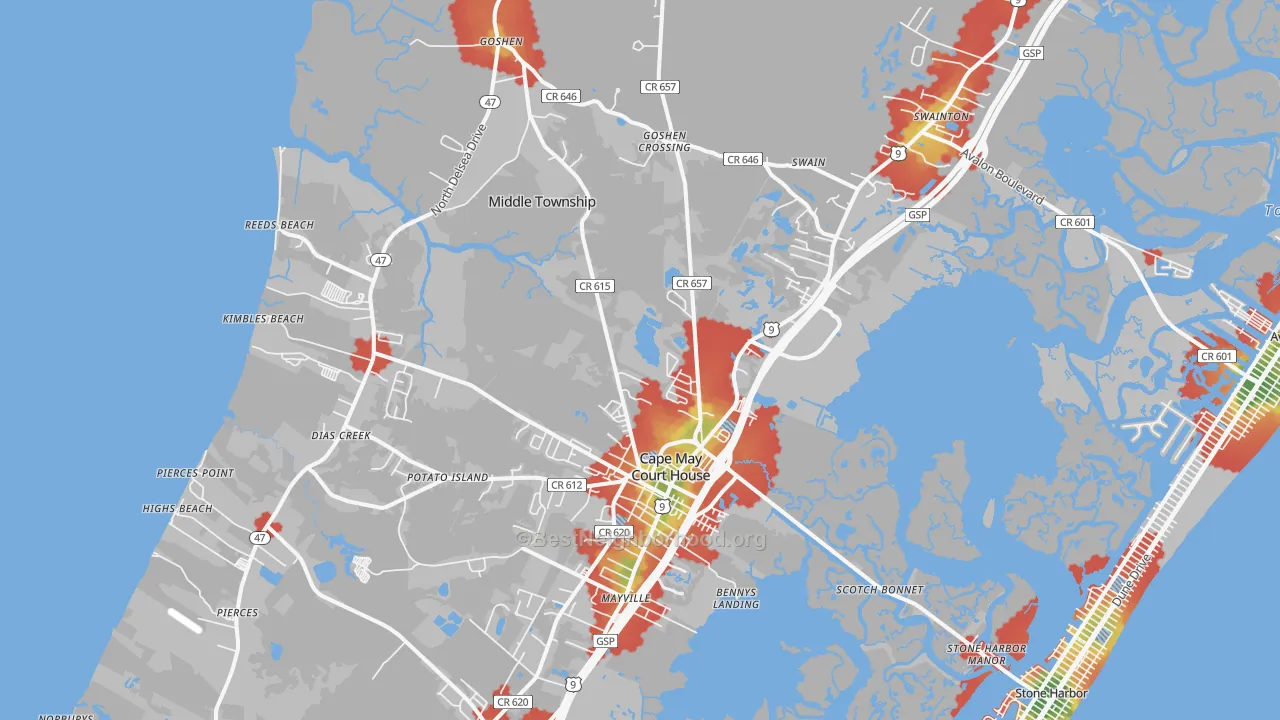 Walk Grade map of 08210, NJ, walkable areas in green and car-dependent areas in red
