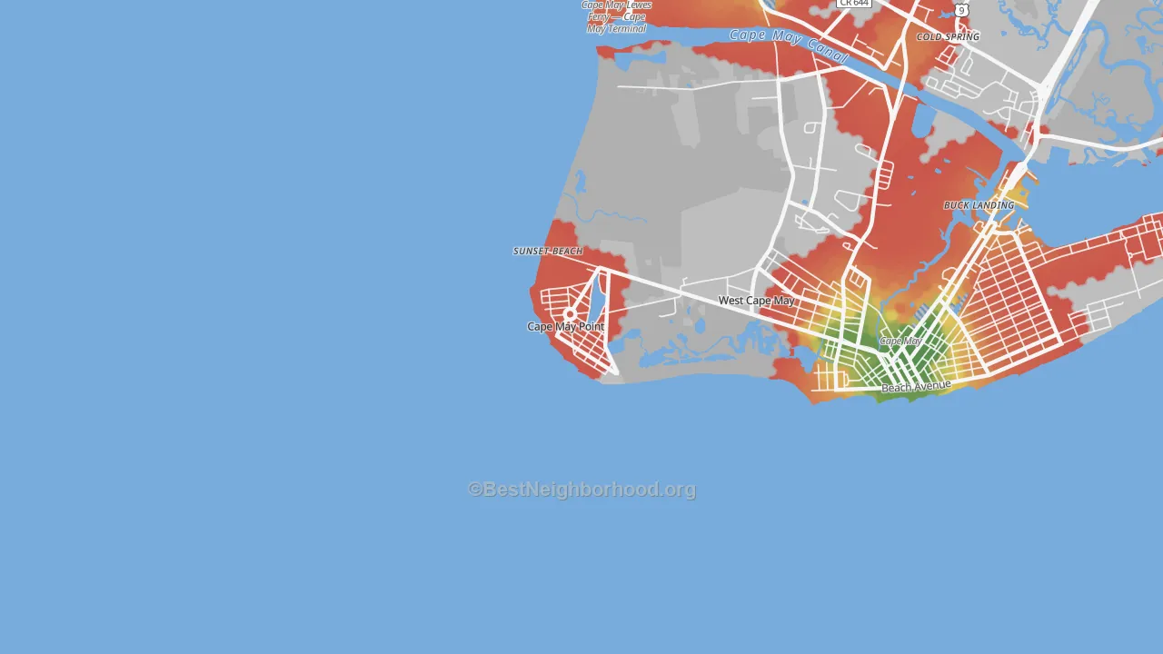 Walk Grade map of 08212, NJ, walkable areas in green and car-dependent areas in red