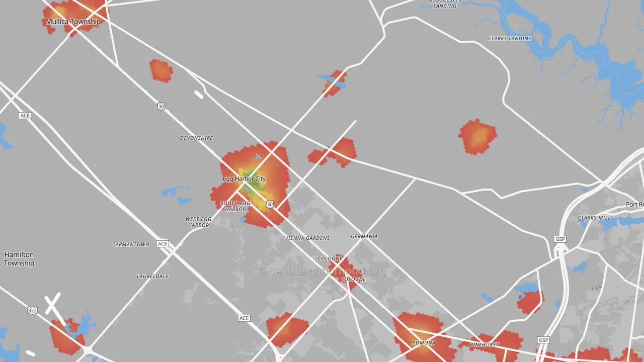 Walk Grade map of 08215, NJ, walkable areas in green and car-dependent areas in red