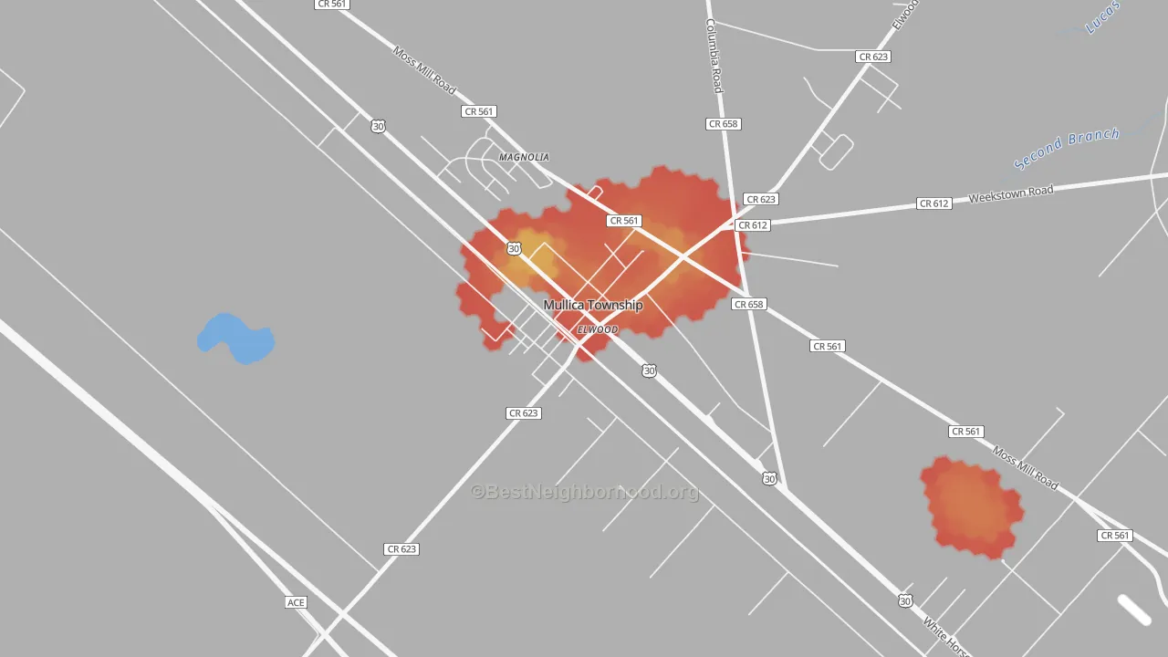 Walk Grade map of 08217, NJ, walkable areas in green and car-dependent areas in red