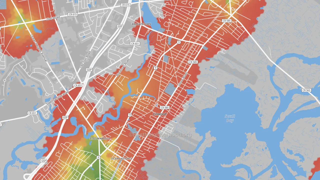 Walk Grade map of 08221, NJ, walkable areas in green and car-dependent areas in red