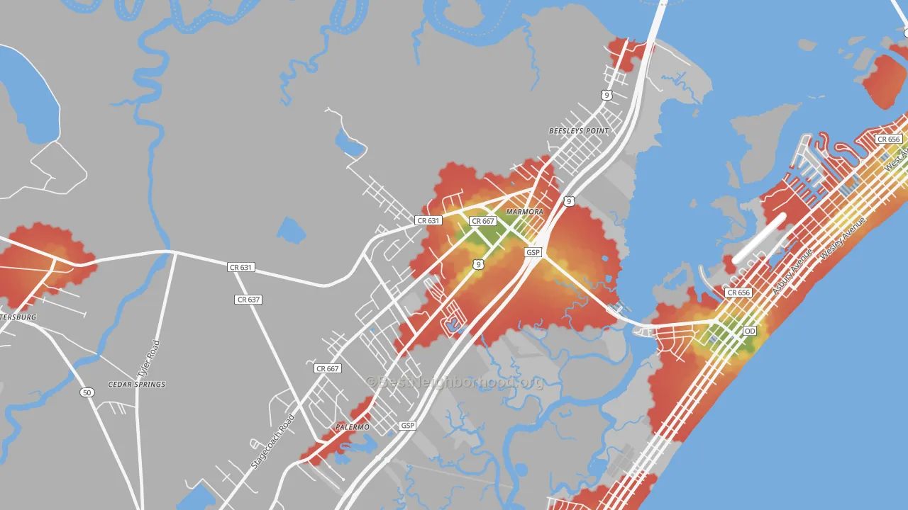 Walk Grade map of 08223, NJ, walkable areas in green and car-dependent areas in red