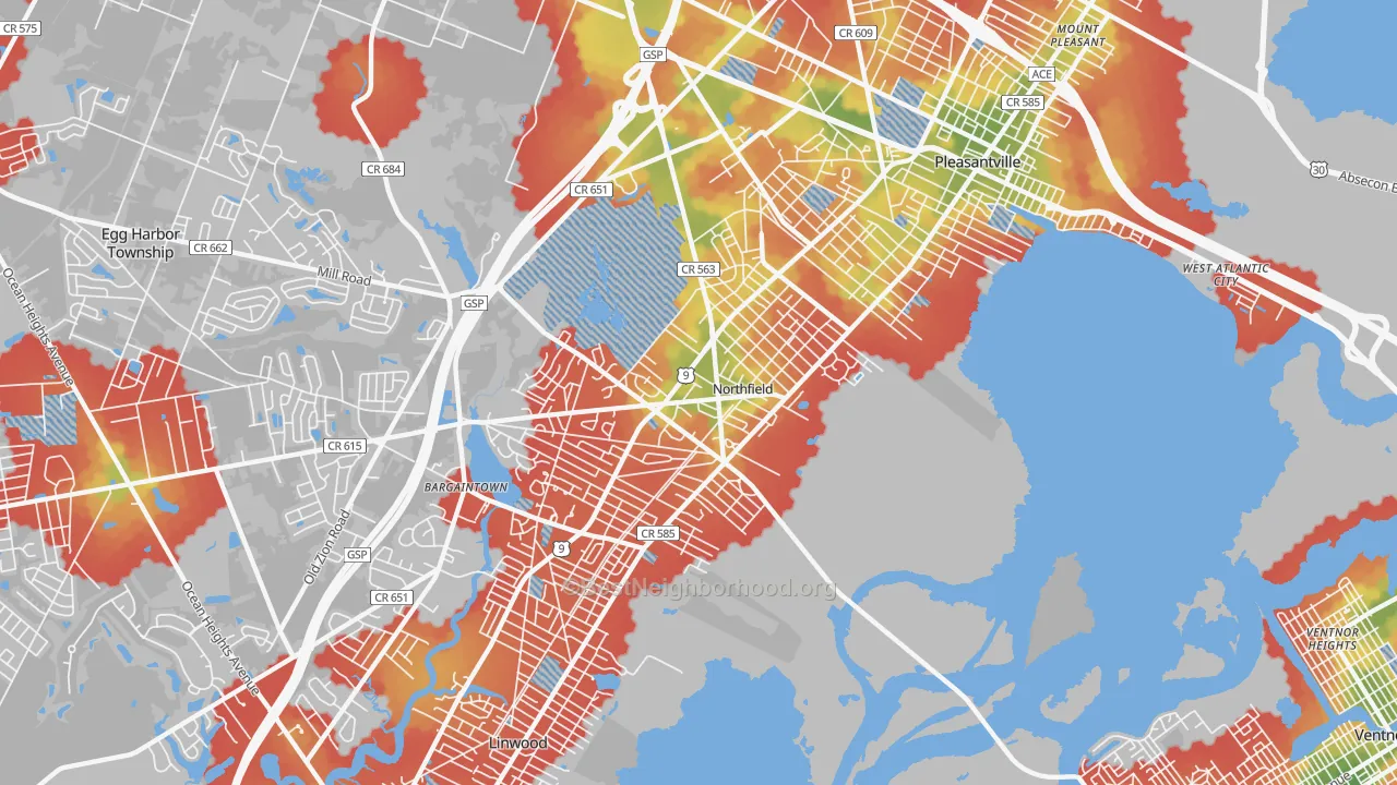 Walk Grade map of 08225, NJ, walkable areas in green and car-dependent areas in red