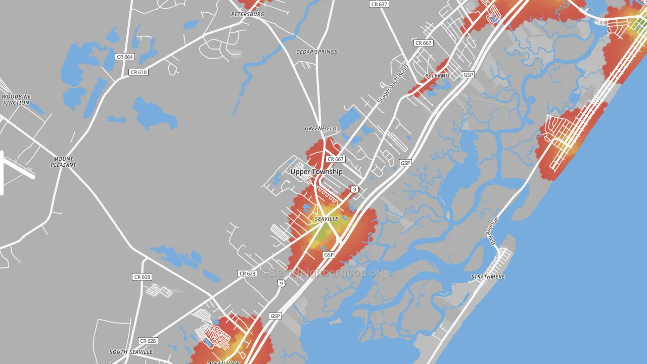 Walk Grade map of 08230, NJ, walkable areas in green and car-dependent areas in red