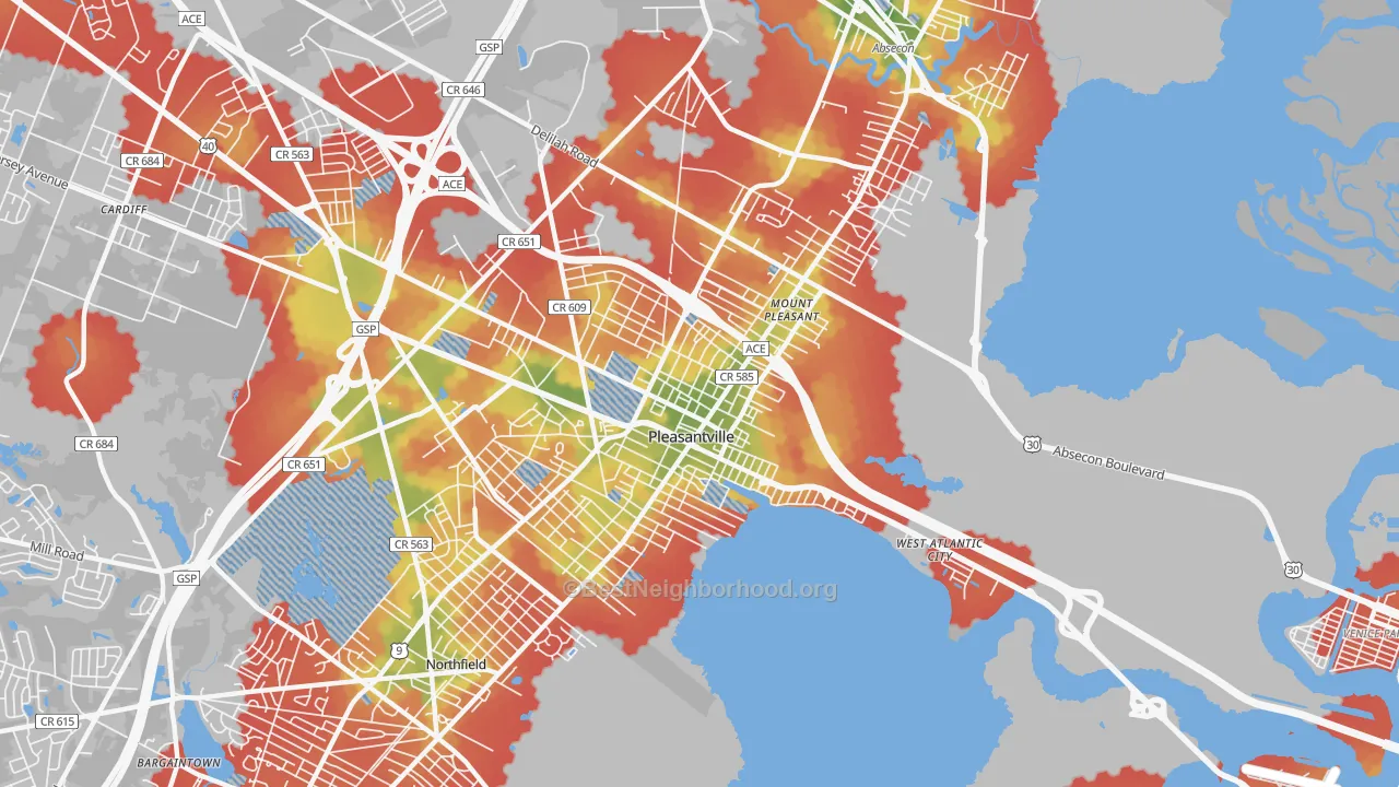 Walk Grade map of 08232, NJ, walkable areas in green and car-dependent areas in red