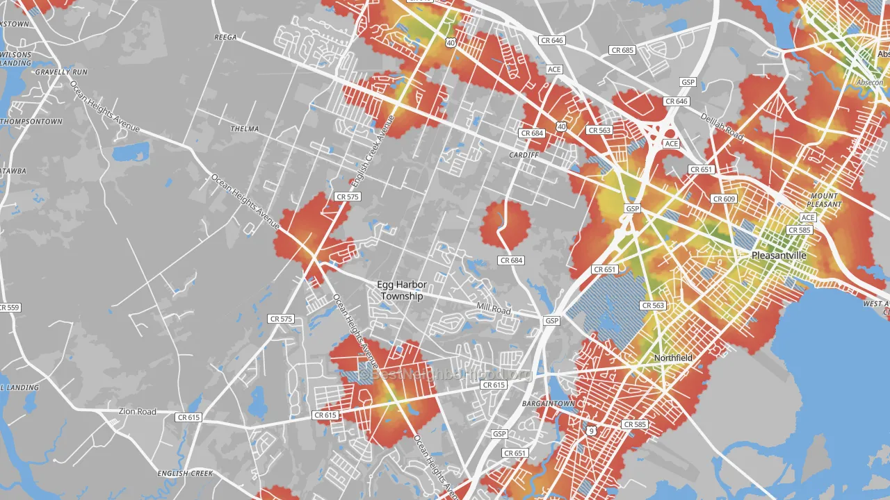 Walk Grade map of 08234, NJ, walkable areas in green and car-dependent areas in red