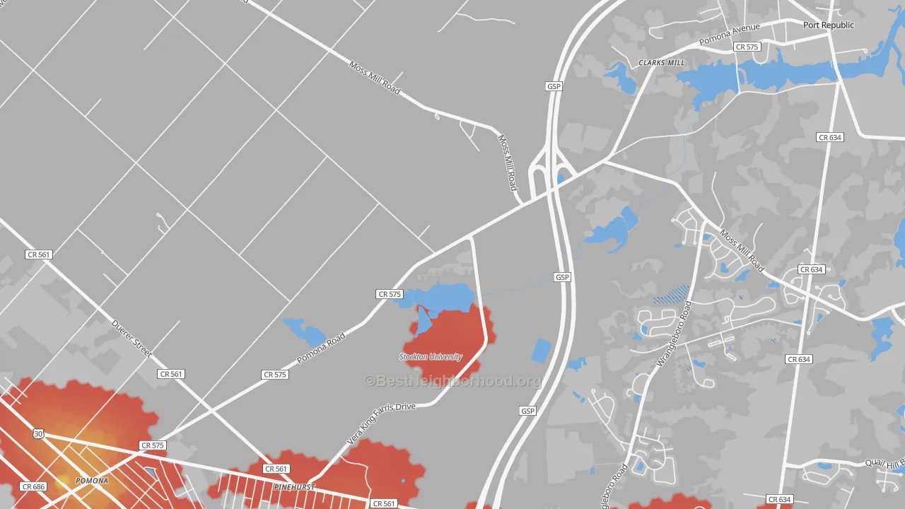 Walk Grade map of 08240, NJ, walkable areas in green and car-dependent areas in red