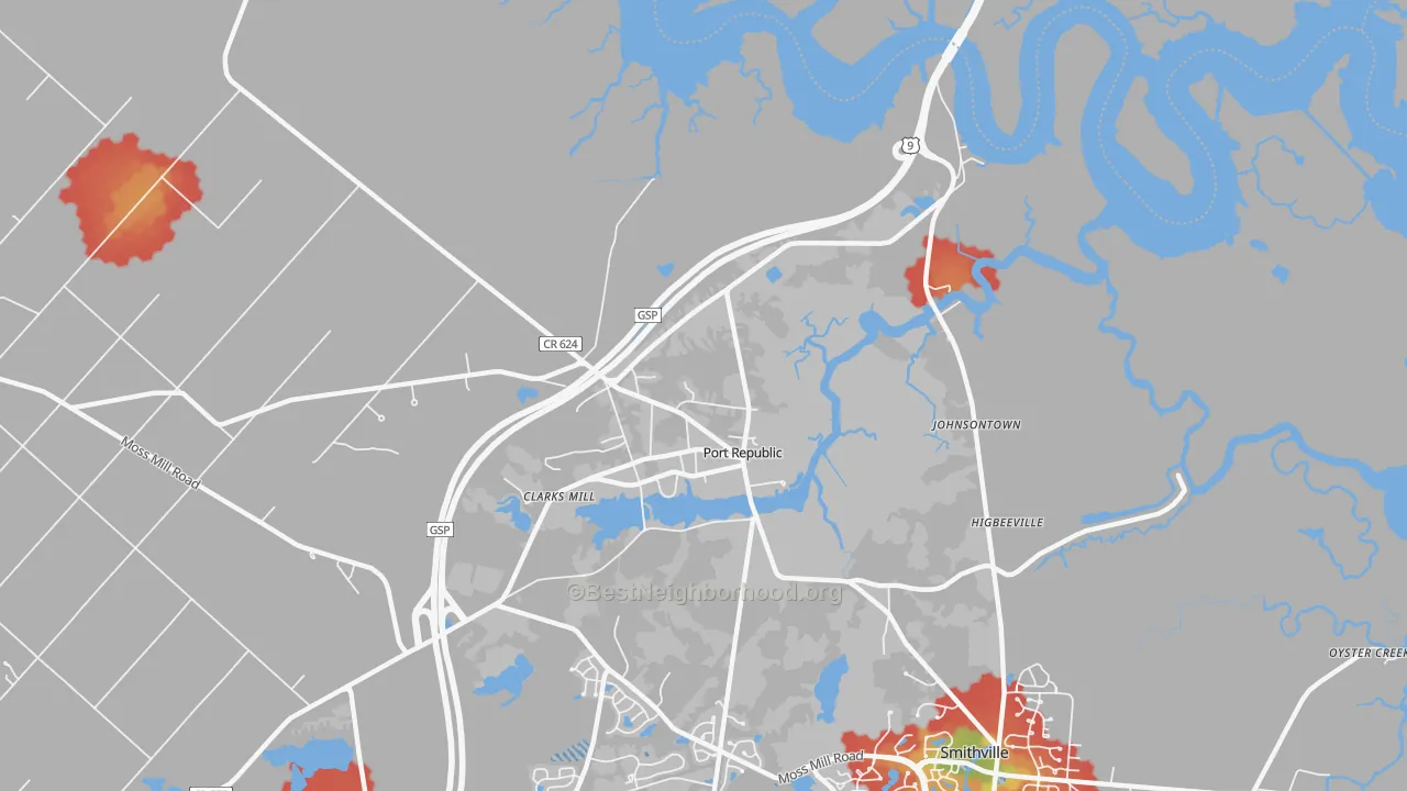 Walk Grade map of 08241, NJ, walkable areas in green and car-dependent areas in red