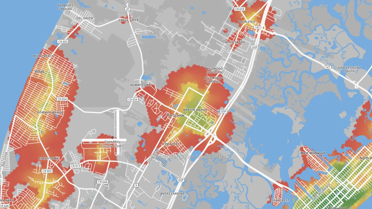 Walk Grade map of 08242, NJ, walkable areas in green and car-dependent areas in red