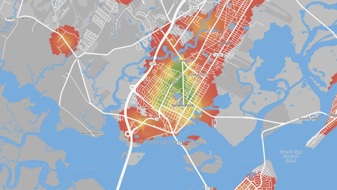 Walk Grade map of 08244, NJ, walkable areas in green and car-dependent areas in red