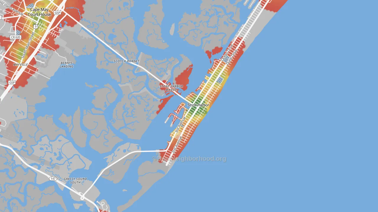 Walk Grade map of 08247, NJ, walkable areas in green and car-dependent areas in red