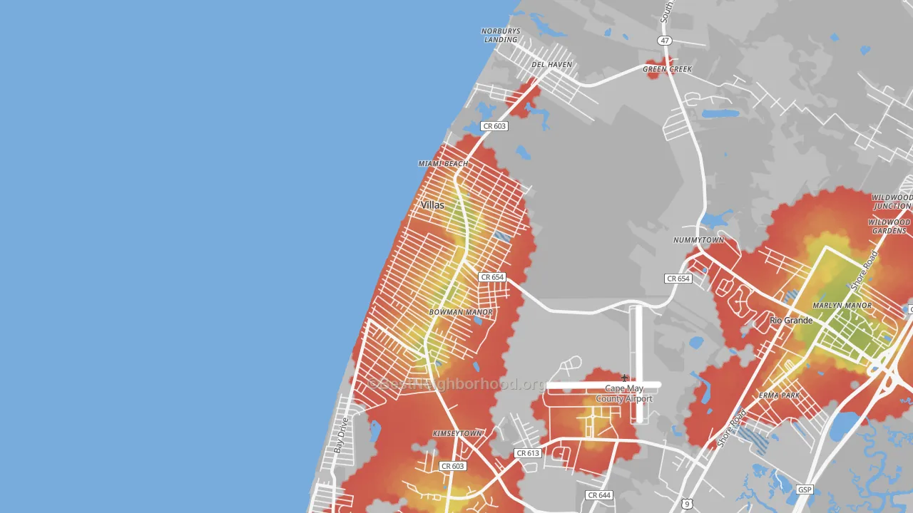 Walk Grade map of 08251, NJ, walkable areas in green and car-dependent areas in red