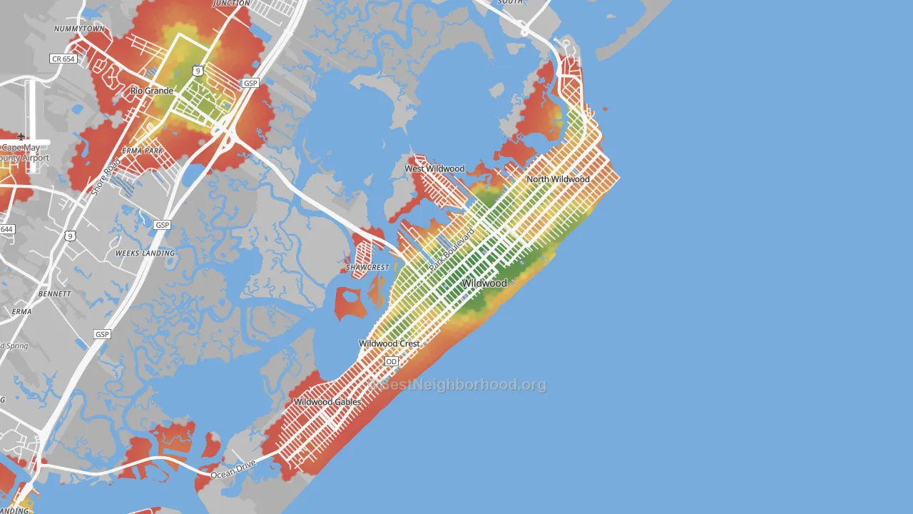 Walk Grade map of 08260, NJ, walkable areas in green and car-dependent areas in red