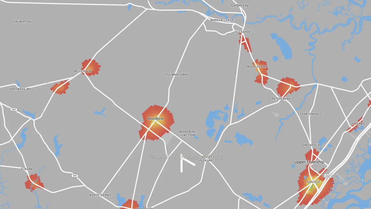 Walk Grade map of 08270, NJ, walkable areas in green and car-dependent areas in red