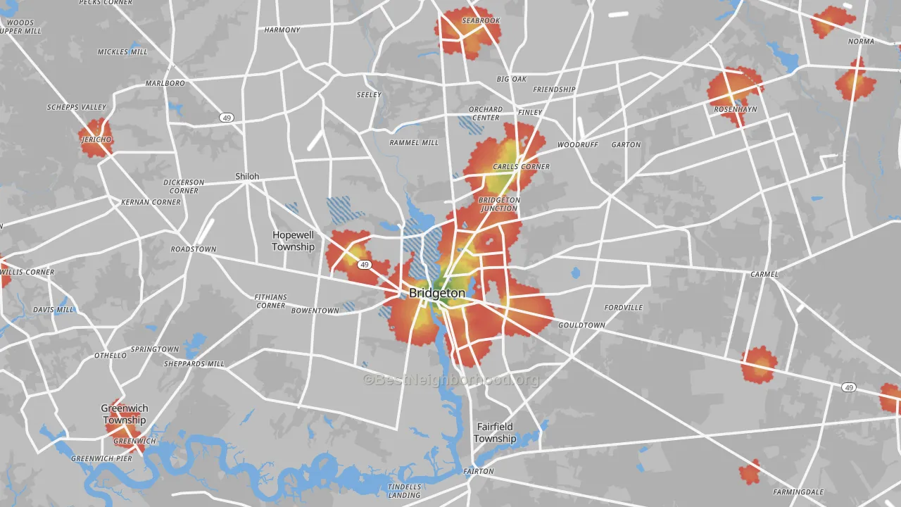 Walk Grade map of 08302, NJ, walkable areas in green and car-dependent areas in red