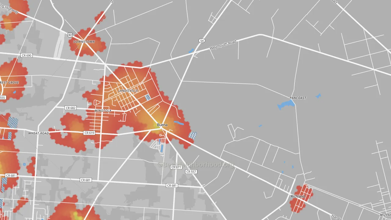 Walk Grade map of 08310, NJ, walkable areas in green and car-dependent areas in red