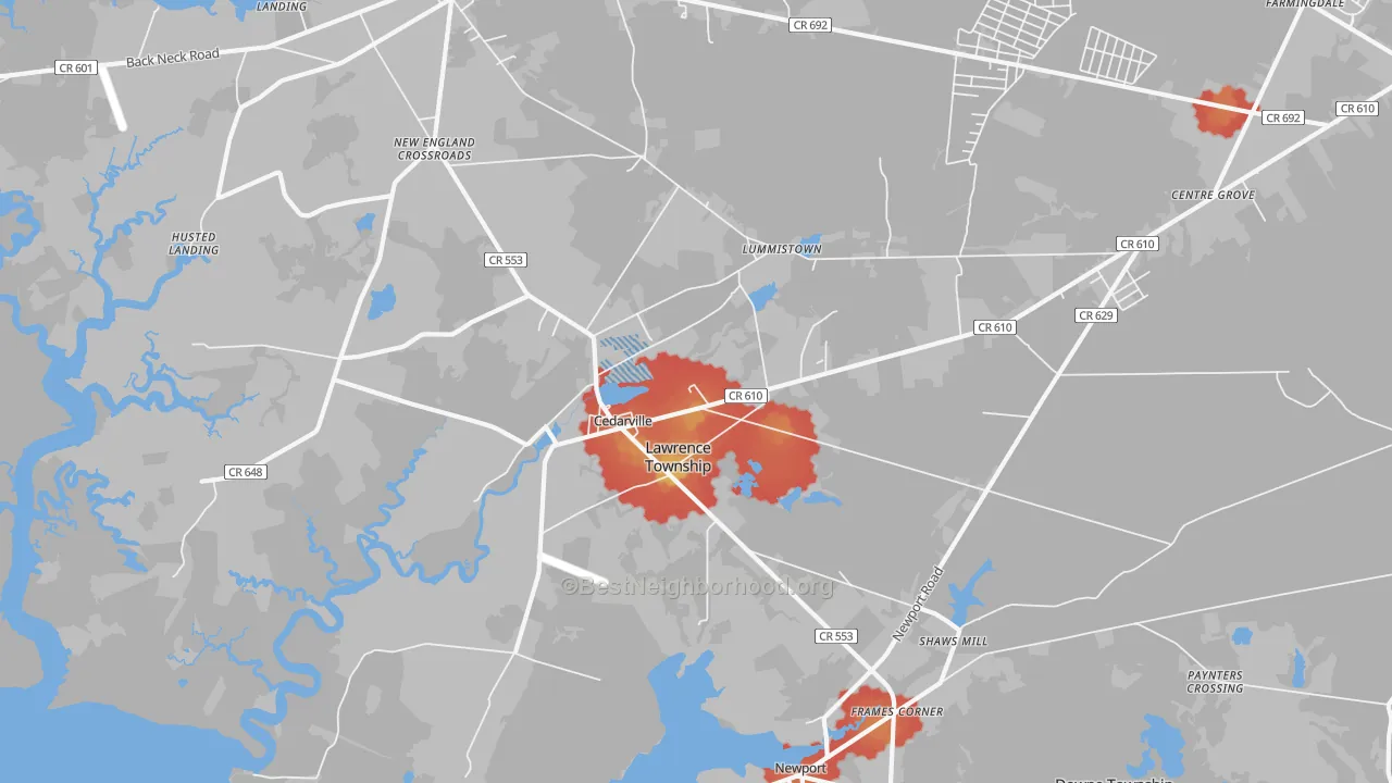 Walk Grade map of 08311, NJ, walkable areas in green and car-dependent areas in red