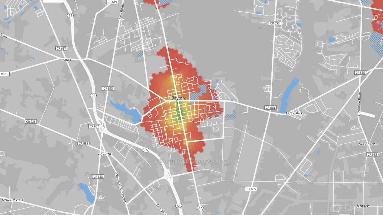 Walk Grade map of 08312, NJ, walkable areas in green and car-dependent areas in red