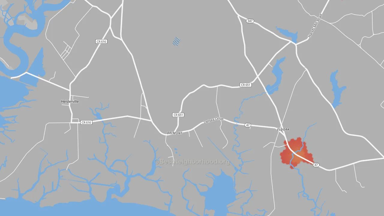 Walk Grade map of 08314, NJ, walkable areas in green and car-dependent areas in red