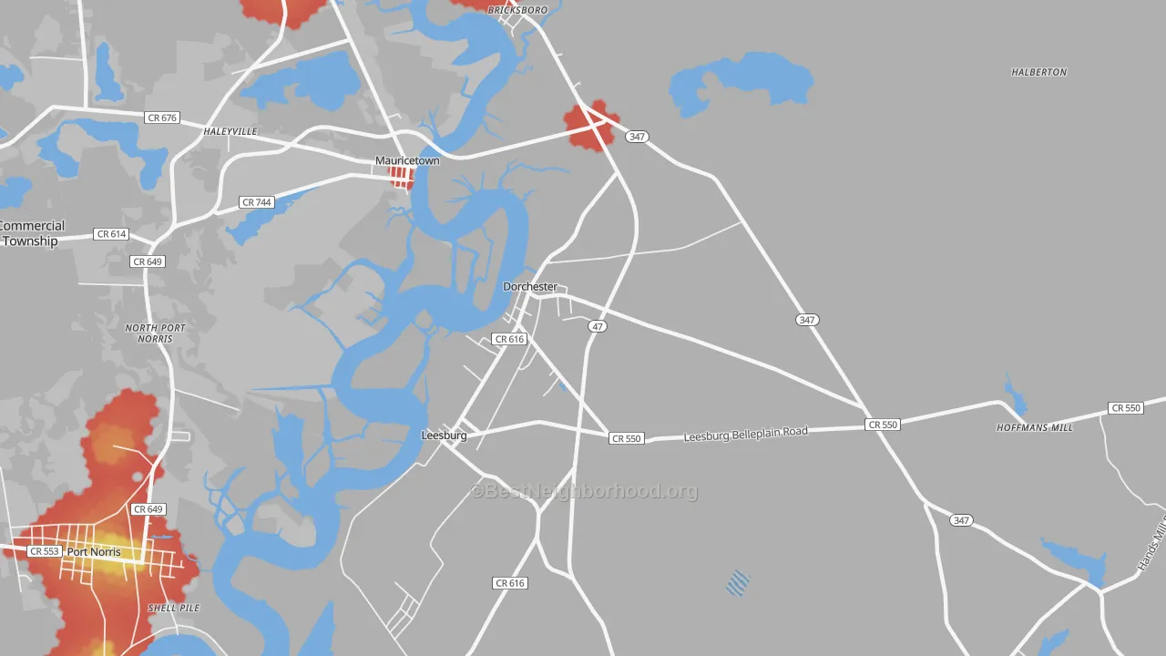 Walk Grade map of 08316, NJ, walkable areas in green and car-dependent areas in red