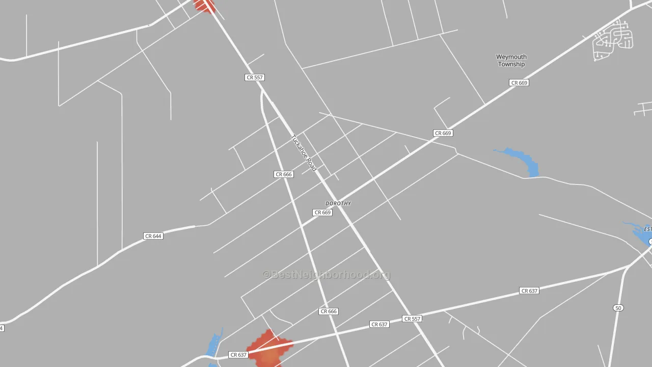 Walk Grade map of 08317, NJ, walkable areas in green and car-dependent areas in red