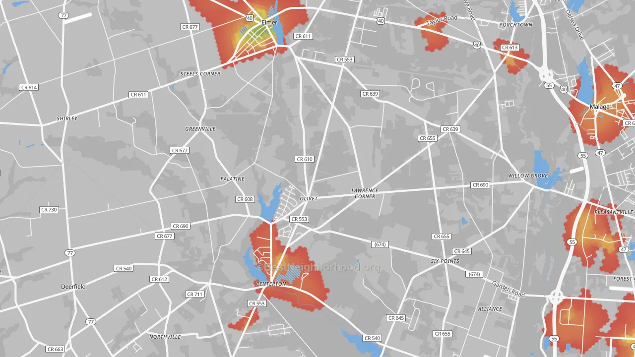 Walk Grade map of 08318, NJ, walkable areas in green and car-dependent areas in red