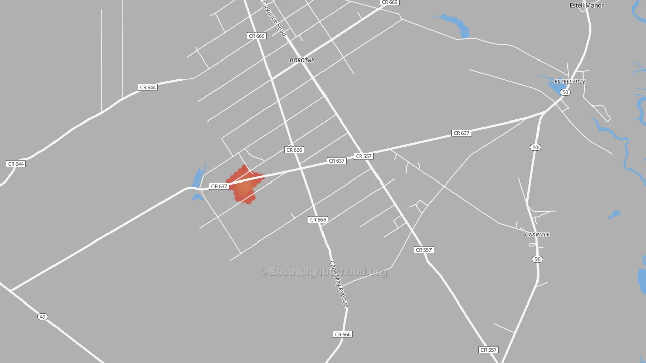 Walk Grade map of 08319, NJ, walkable areas in green and car-dependent areas in red