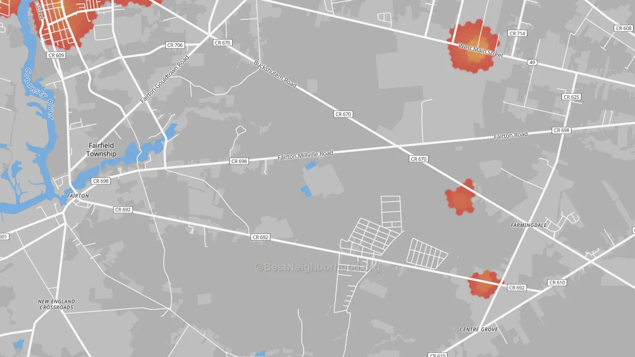 Walk Grade map of 08320, NJ, walkable areas in green and car-dependent areas in red
