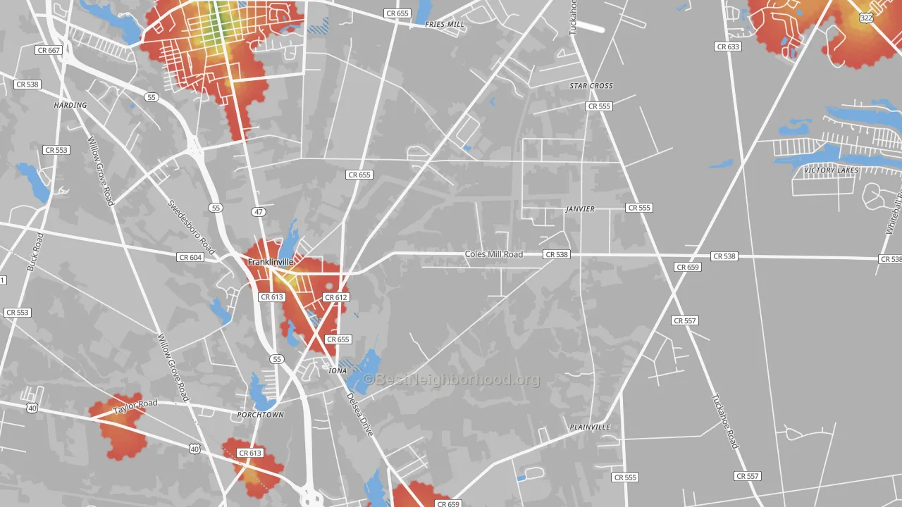 Walk Grade map of 08322, NJ, walkable areas in green and car-dependent areas in red