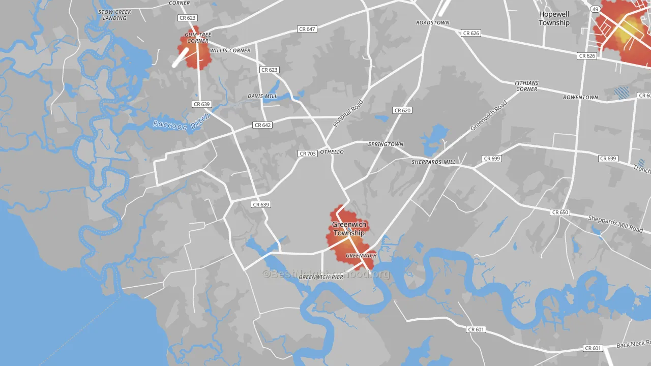 Walk Grade map of 08323, NJ, walkable areas in green and car-dependent areas in red