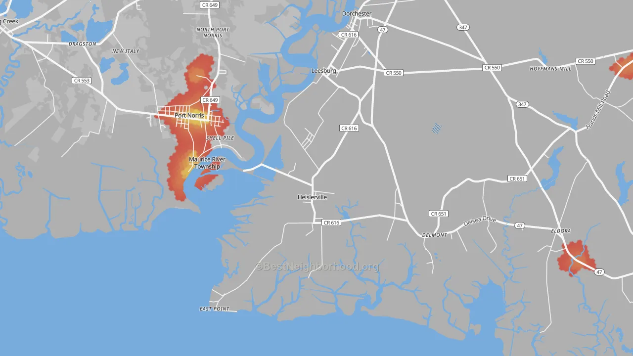 Walk Grade map of 08324, NJ, walkable areas in green and car-dependent areas in red