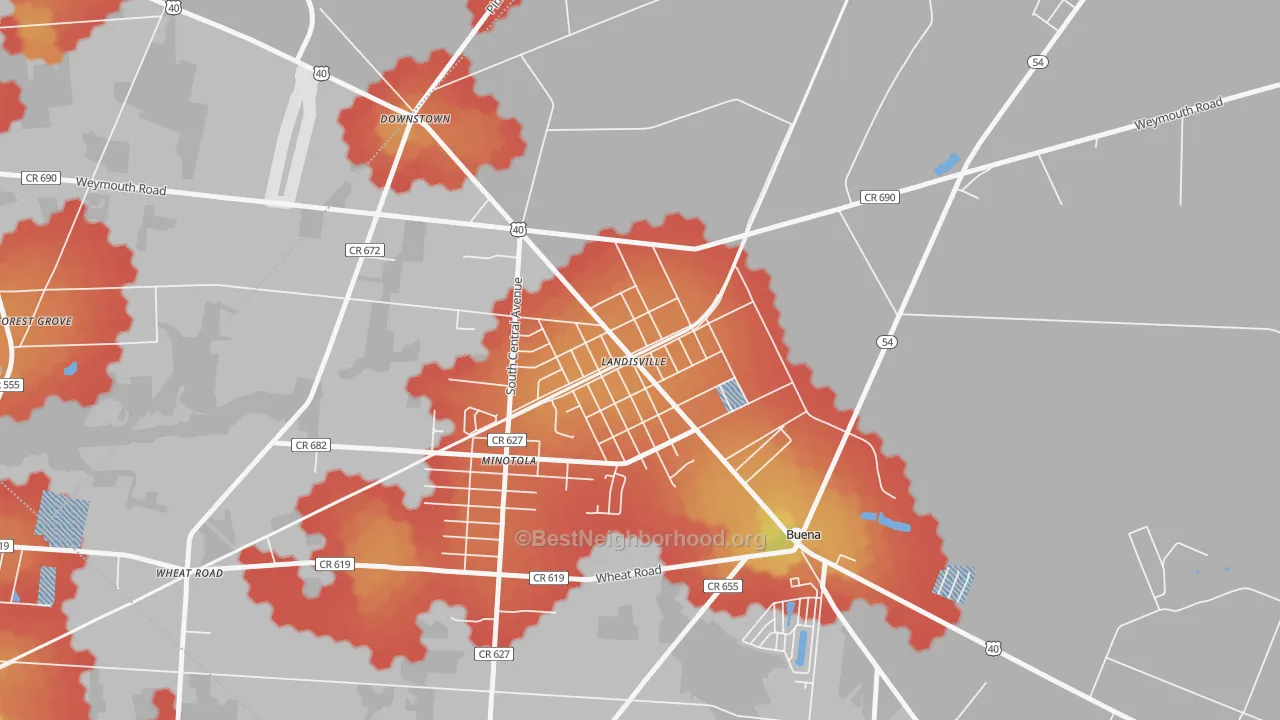 Walk Grade map of 08326, NJ, walkable areas in green and car-dependent areas in red