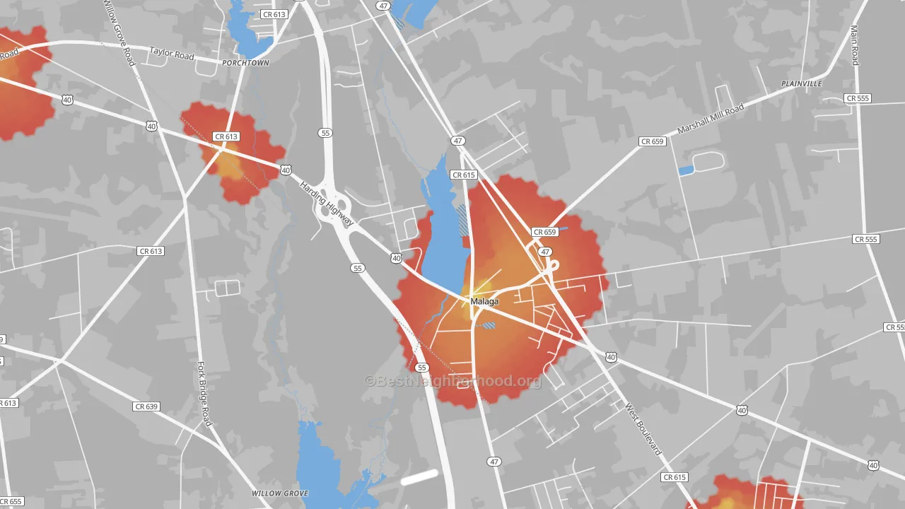 Walk Grade map of 08328, NJ, walkable areas in green and car-dependent areas in red