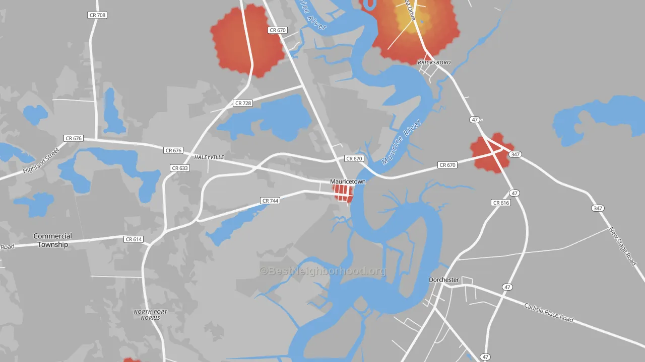 Walk Grade map of 08329, NJ, walkable areas in green and car-dependent areas in red