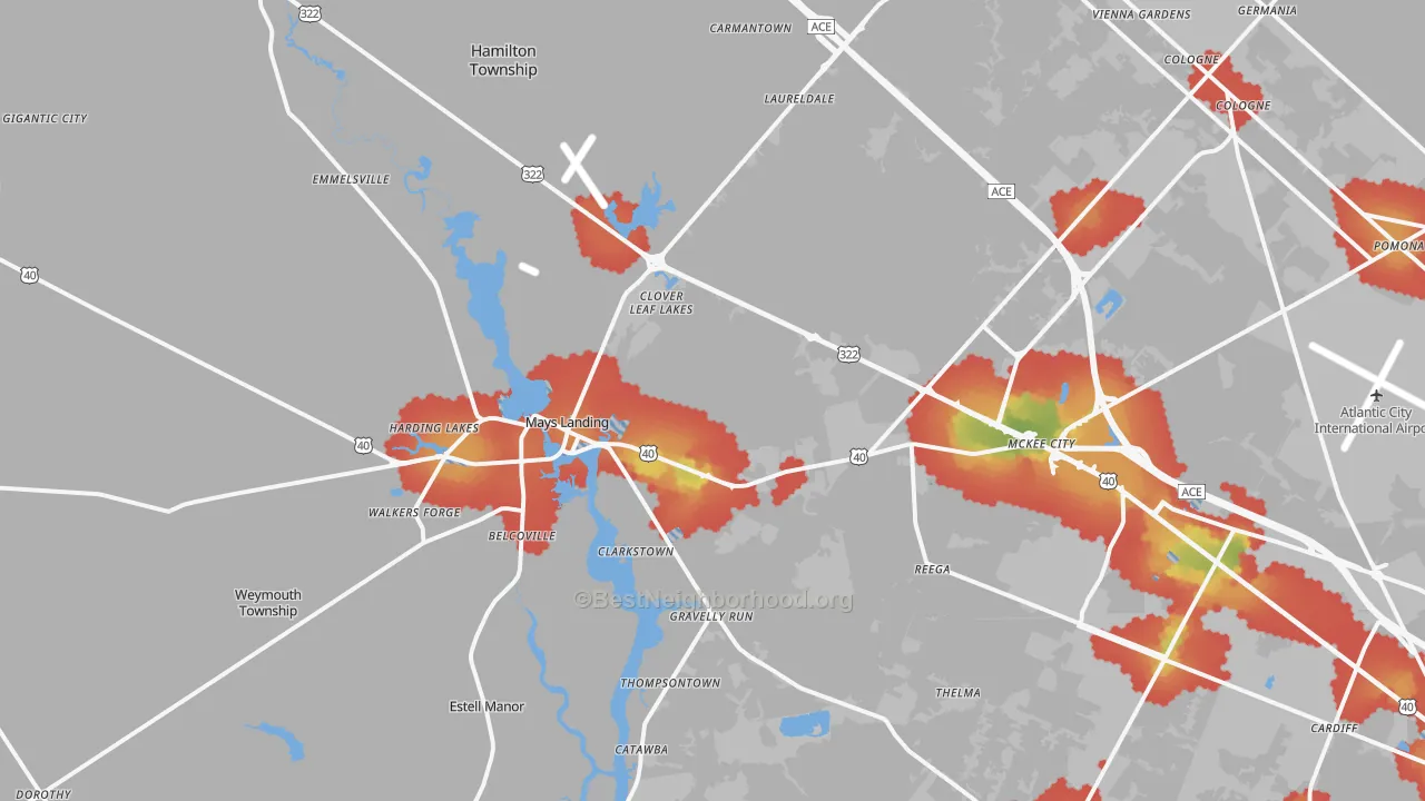 Walk Grade map of 08330, NJ, walkable areas in green and car-dependent areas in red