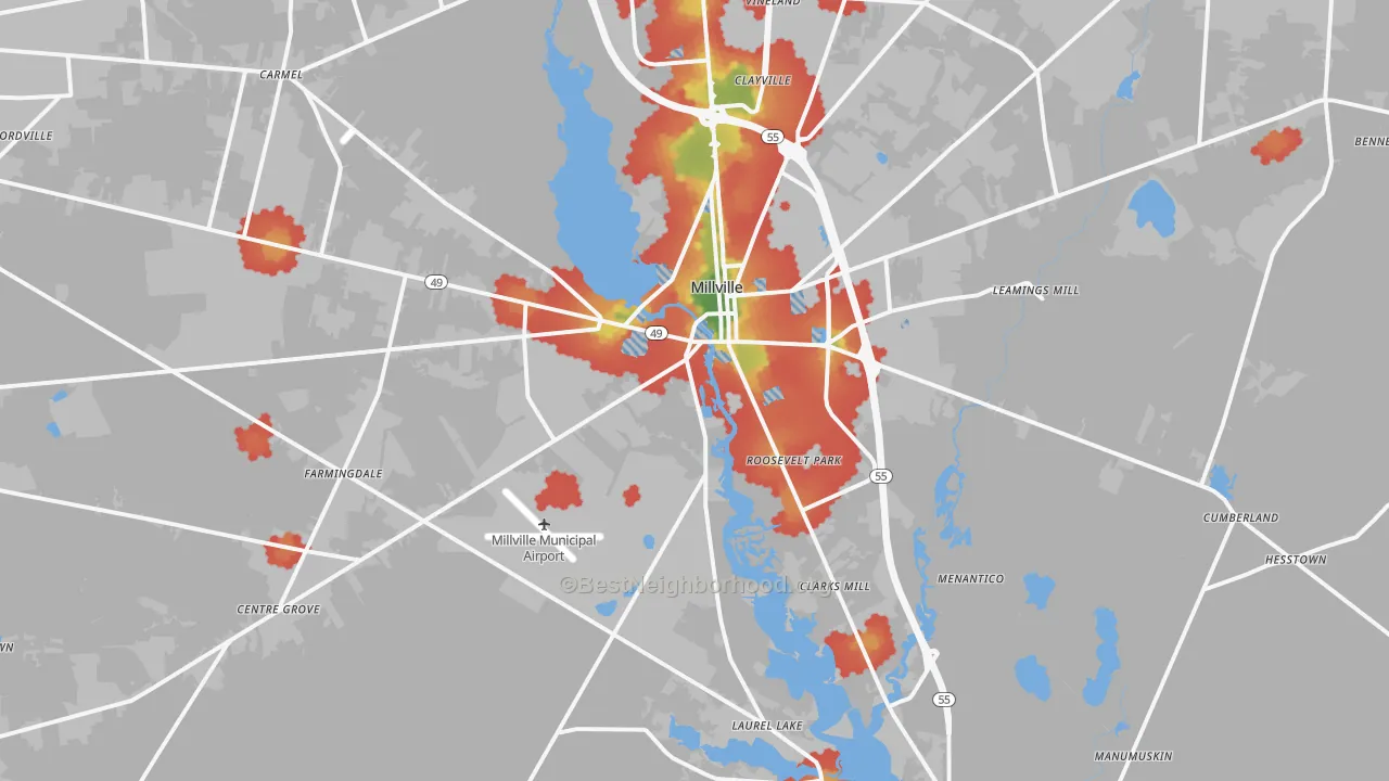 Walk Grade map of 08332, NJ, walkable areas in green and car-dependent areas in red