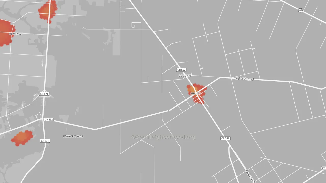Walk Grade map of 08340, NJ, walkable areas in green and car-dependent areas in red
