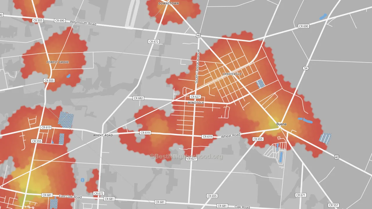 Walk Grade map of 08341, NJ, walkable areas in green and car-dependent areas in red