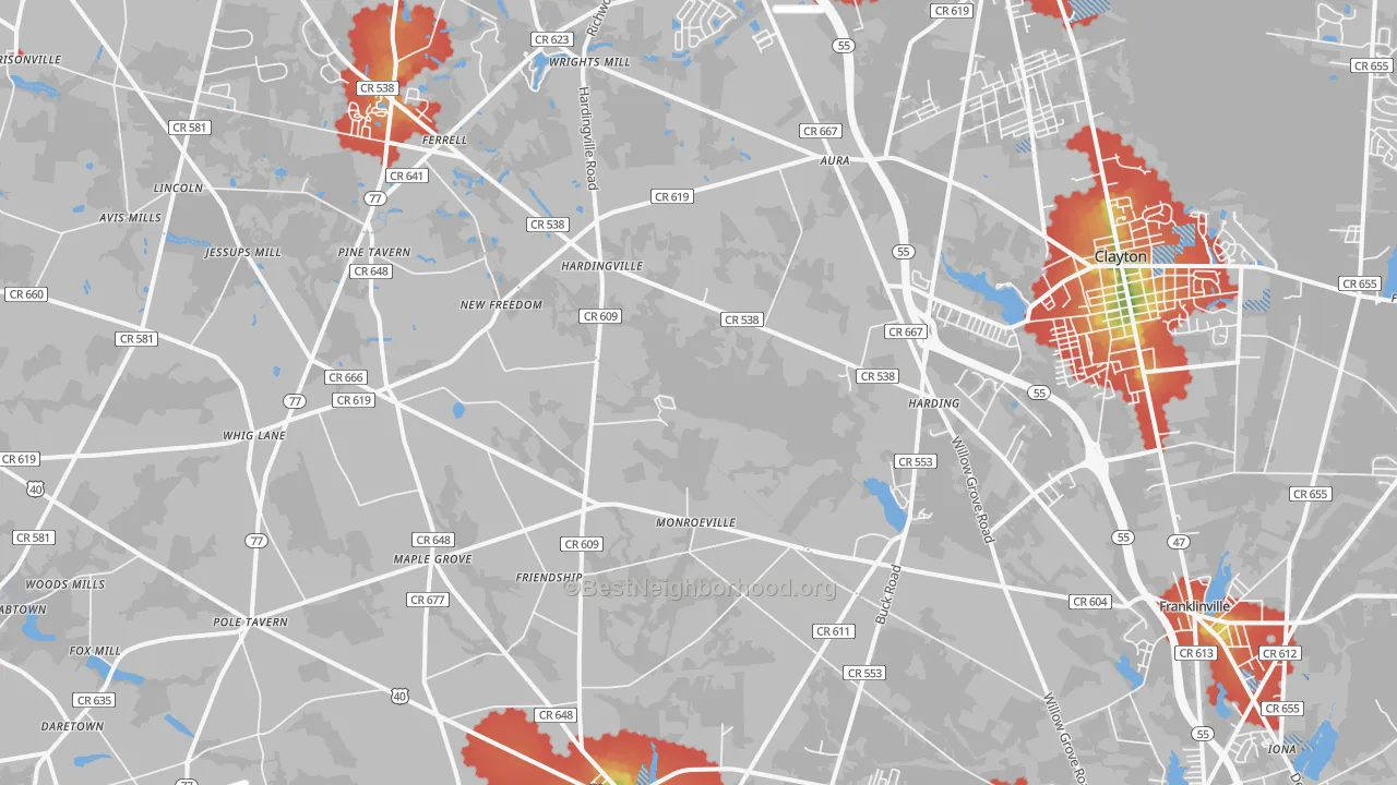 Walk Grade map of 08343, NJ, walkable areas in green and car-dependent areas in red