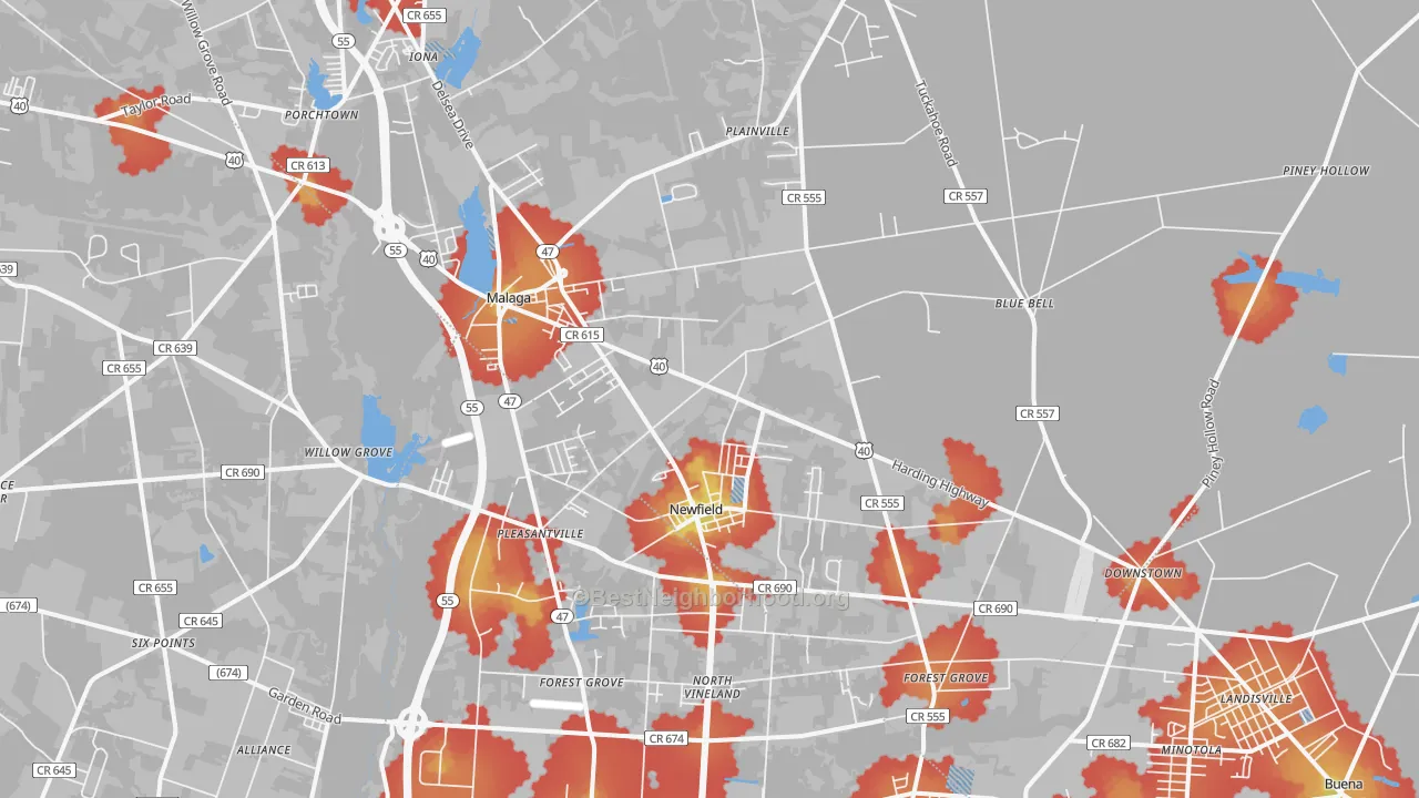 Walk Grade map of 08344, NJ, walkable areas in green and car-dependent areas in red