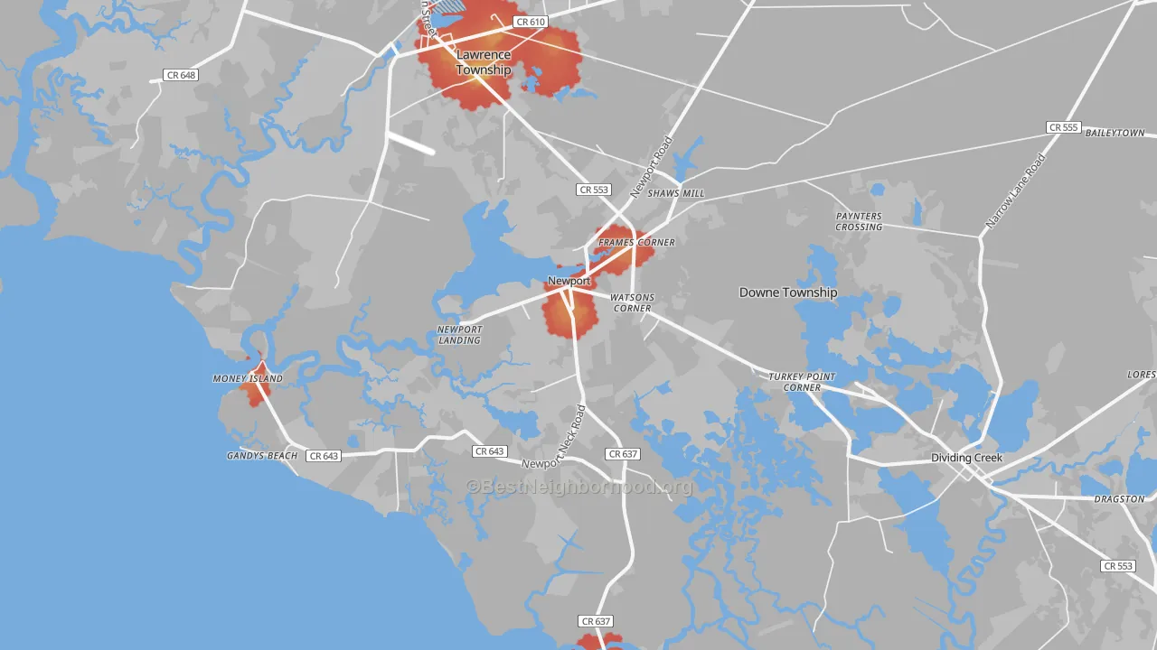 Walk Grade map of 08345, NJ, walkable areas in green and car-dependent areas in red