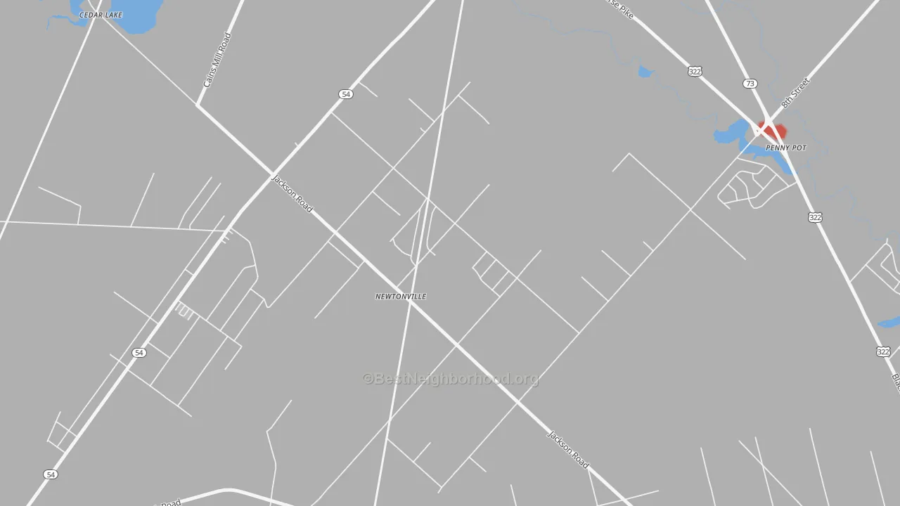 Walk Grade map of 08346, NJ, walkable areas in green and car-dependent areas in red