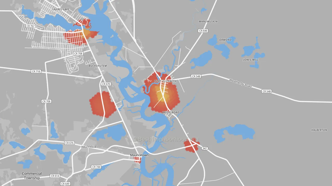 Walk Grade map of 08348, NJ, walkable areas in green and car-dependent areas in red