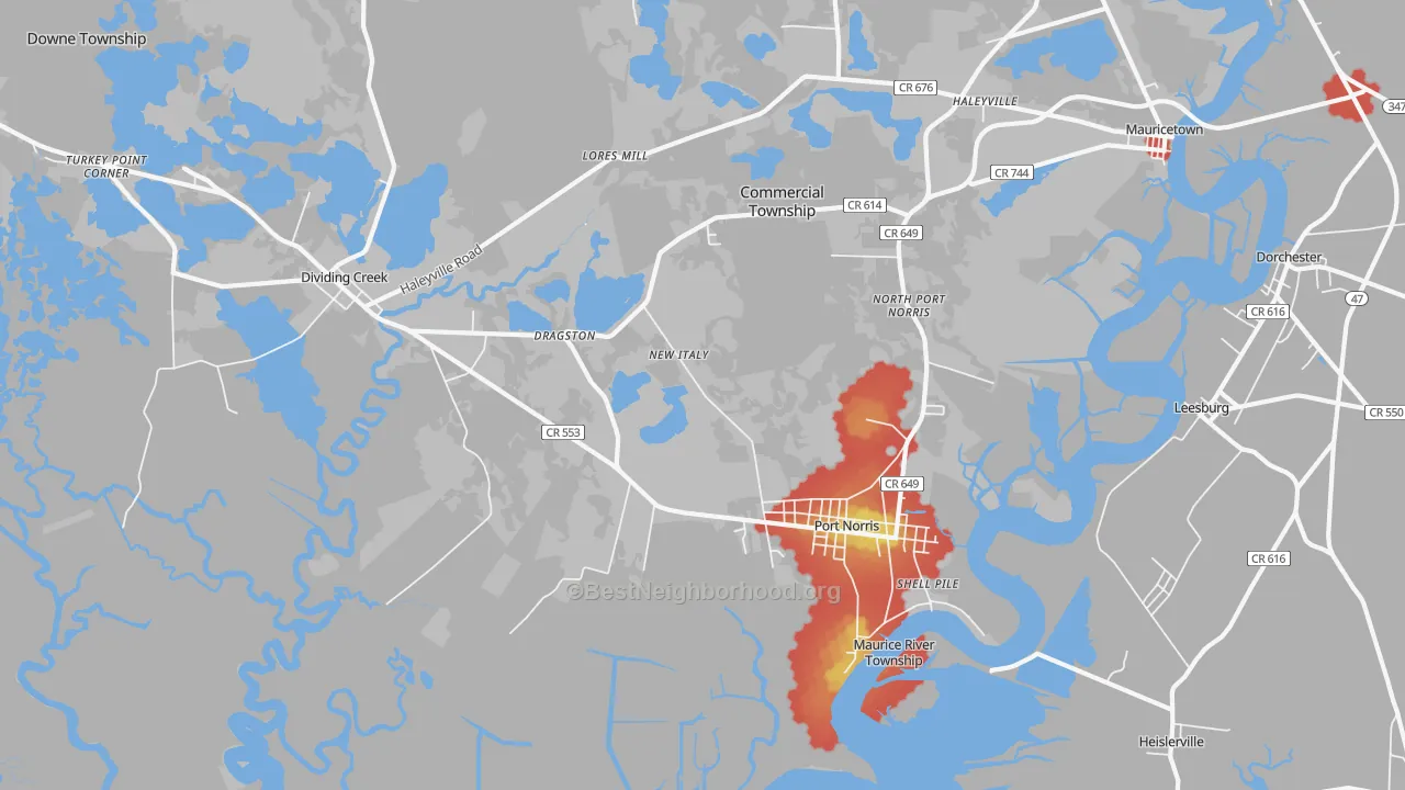 Walk Grade map of 08349, NJ, walkable areas in green and car-dependent areas in red