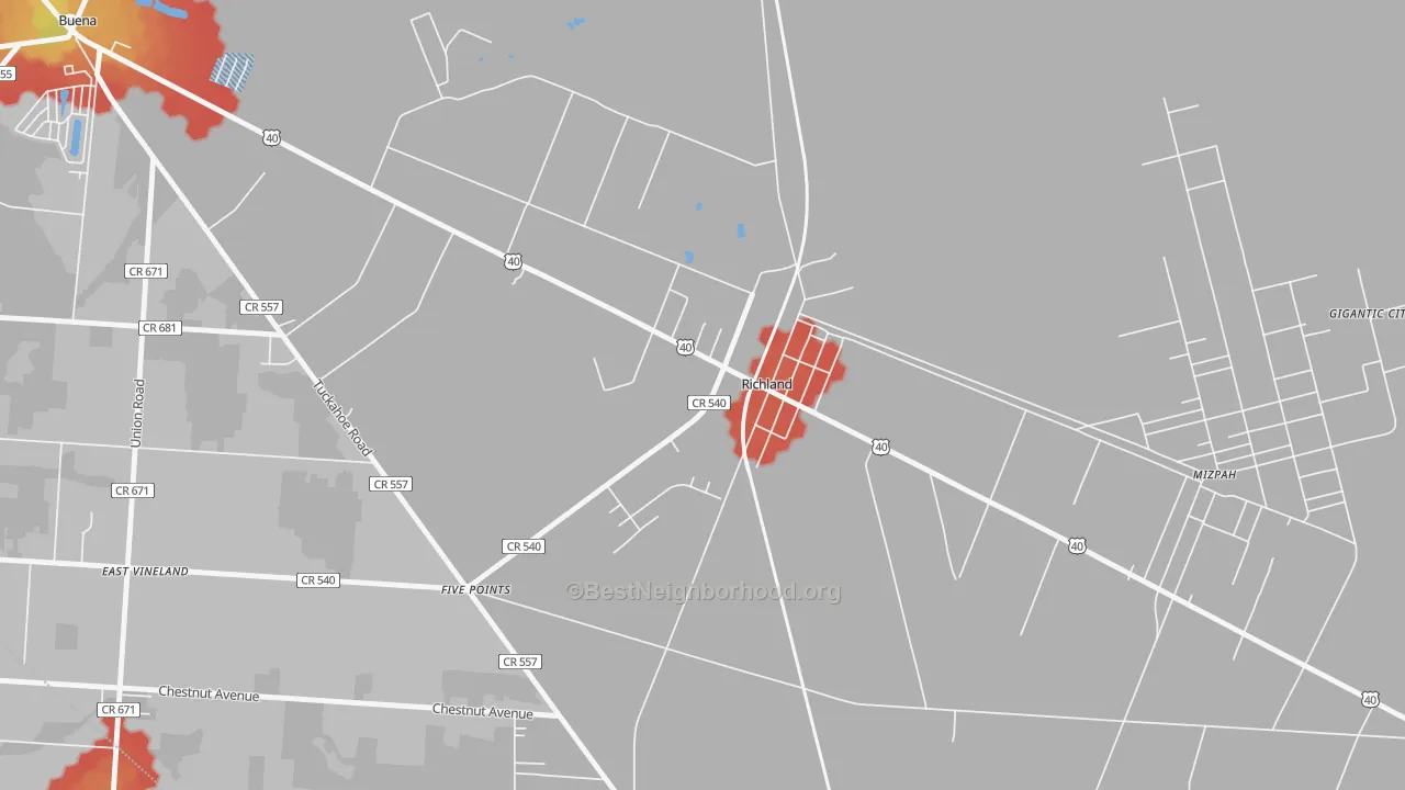 Walk Grade map of 08350, NJ, walkable areas in green and car-dependent areas in red