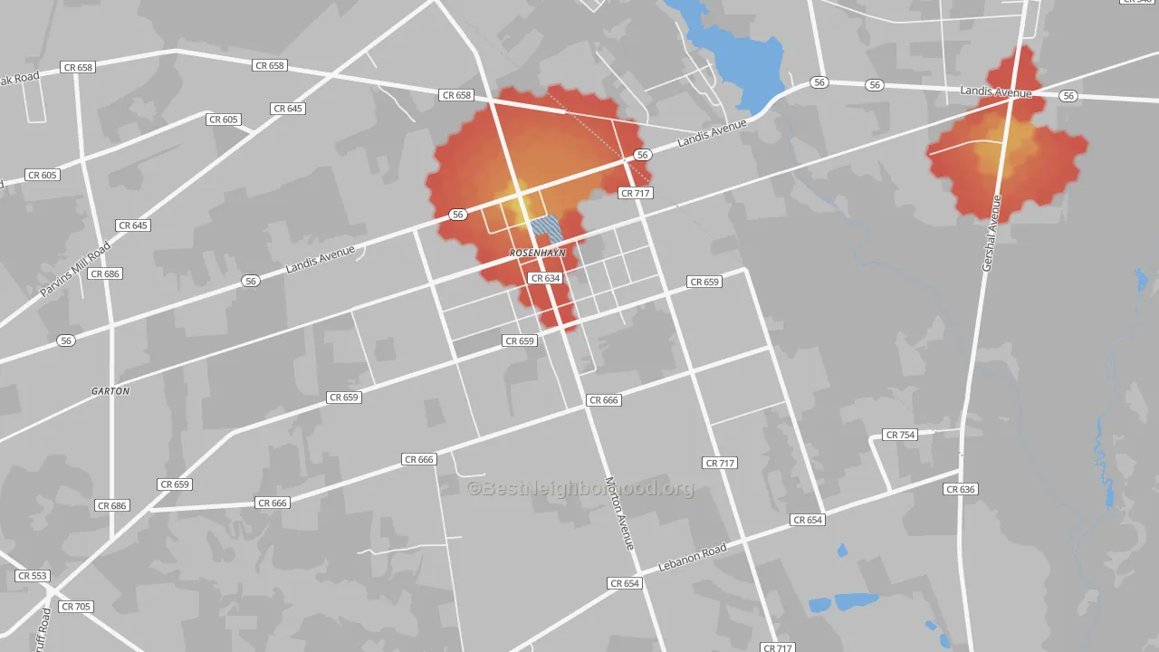 Walk Grade map of 08352, NJ, walkable areas in green and car-dependent areas in red