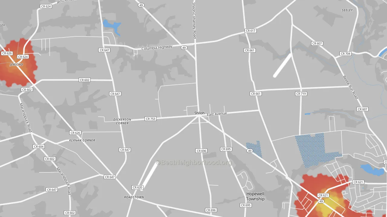 Walk Grade map of 08353, NJ, walkable areas in green and car-dependent areas in red